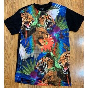 Vintage Enyce New York Short Sleeve Tiger Lion Leopard Bird All-Over Tee Med Y2K